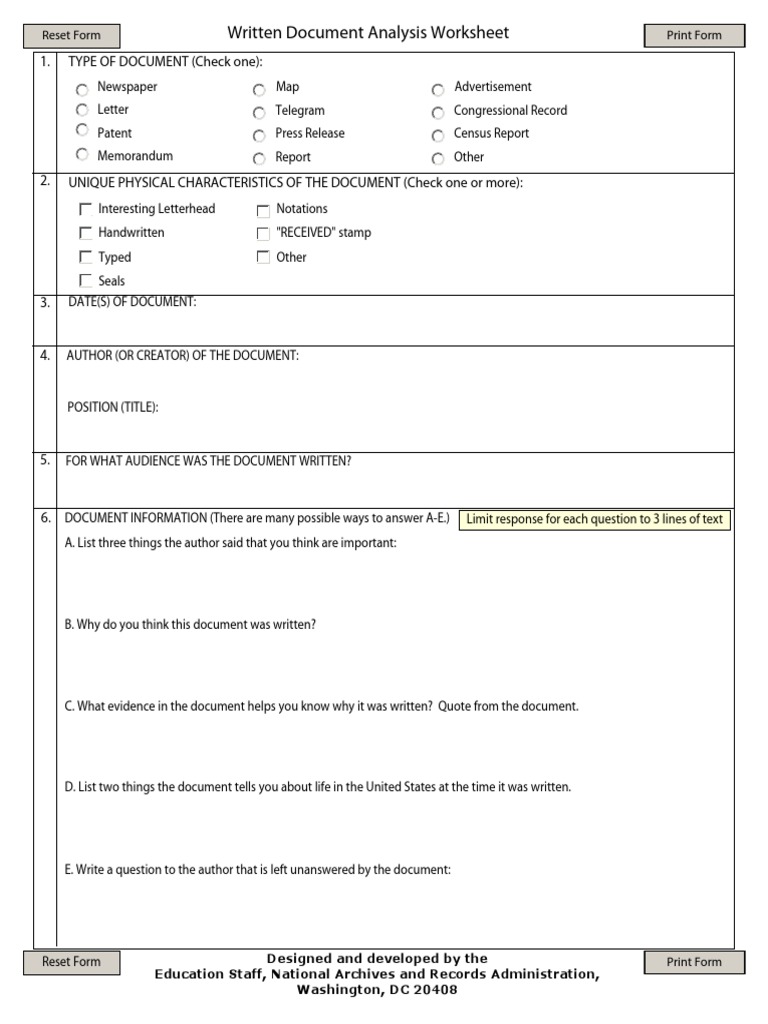Written Document Analysis Worksheet  PDF Inside Written Document Analysis Worksheet Answers