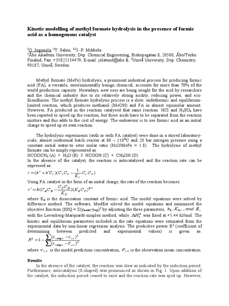 Kinetic Modelling of Methyl Formate Hydrolysis in The Presence of ...