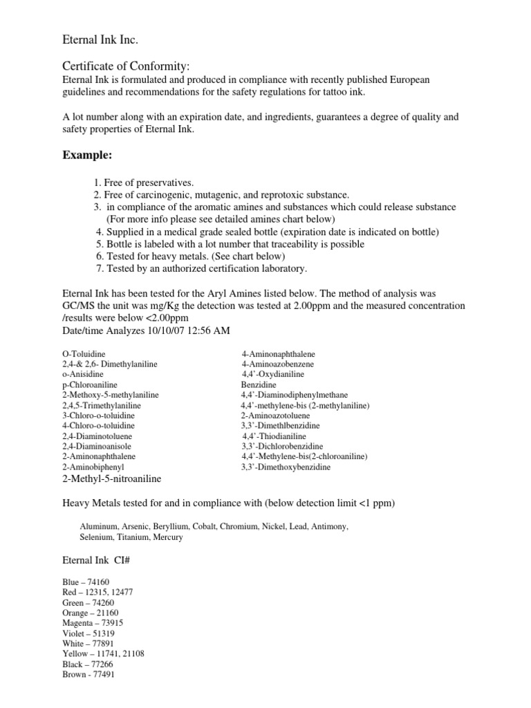 Eternal Ink Safety Compliance Certificate | PDF | Sets Of Chemical ...