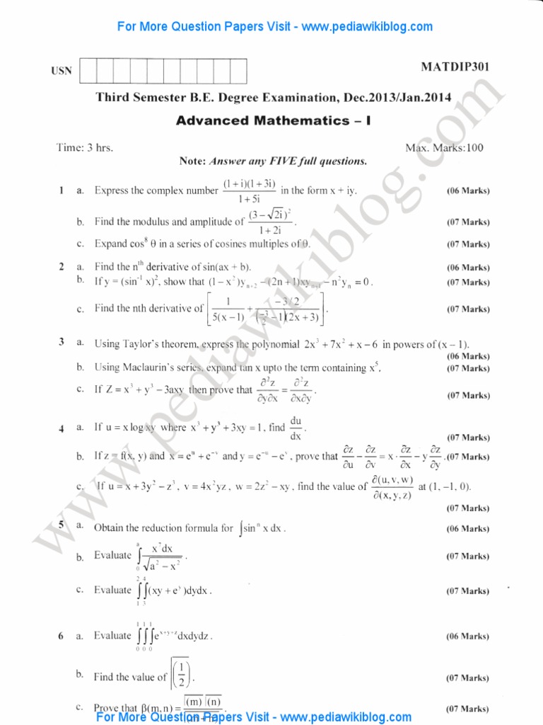 Advanced Mathematics 1 Jan 2014
