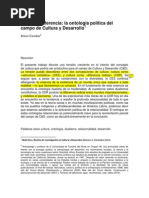 Cultura y Diferencia La Ontologia Politica Del Campo de Cultura y Desarrollo