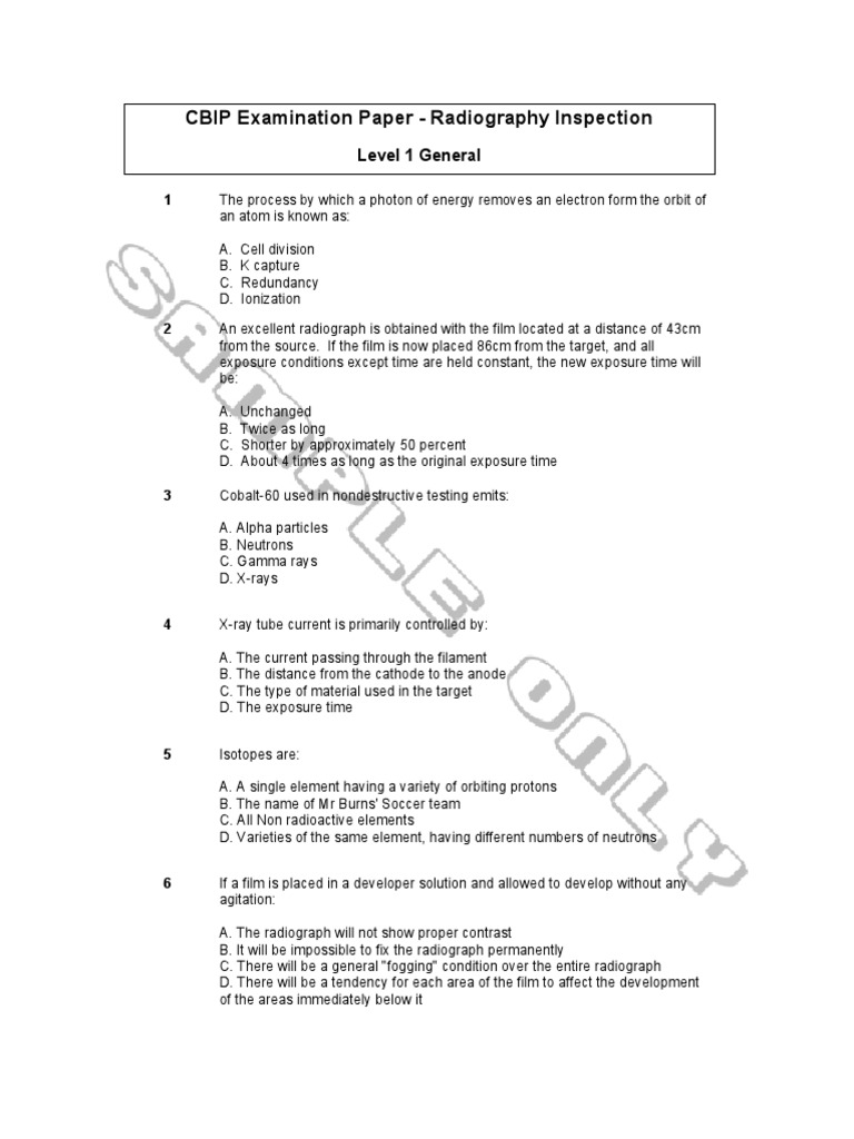 CBIP RTL1 Sample Examination Paper Radiography