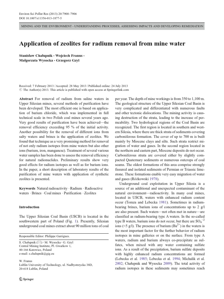 applications of zeolites for radium removal from mine water Zeolite