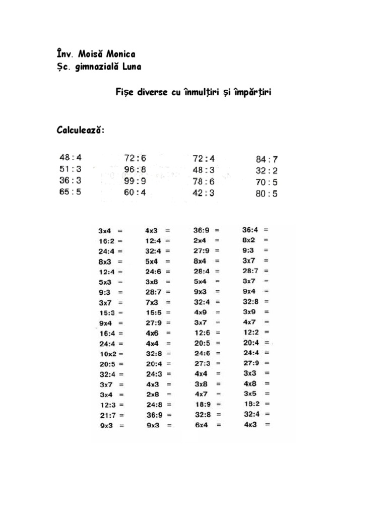 Fise Cu Impartiri Clasa 3 Fise Cu Inmultiri Si Impartiri | PDF