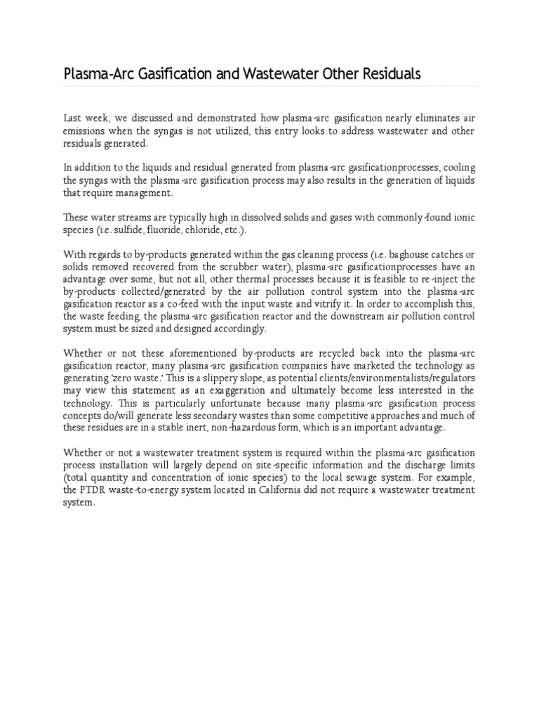 Plasma-Arc Gasification Waste Management | PDF