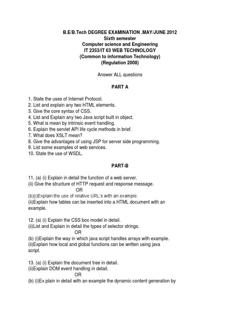 Web Technology Exam Questions 2012 | PDF