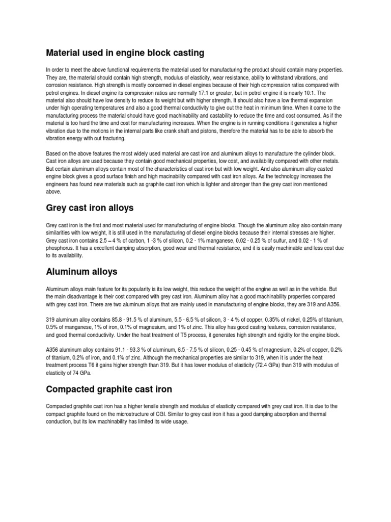 Engine Block Materials Overview | PDF | Cast Iron | Engines