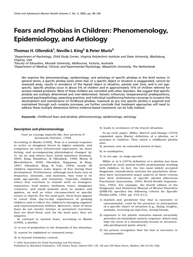 Fears and Phobias in Children: Phenomenology, Epidemiology, and ...