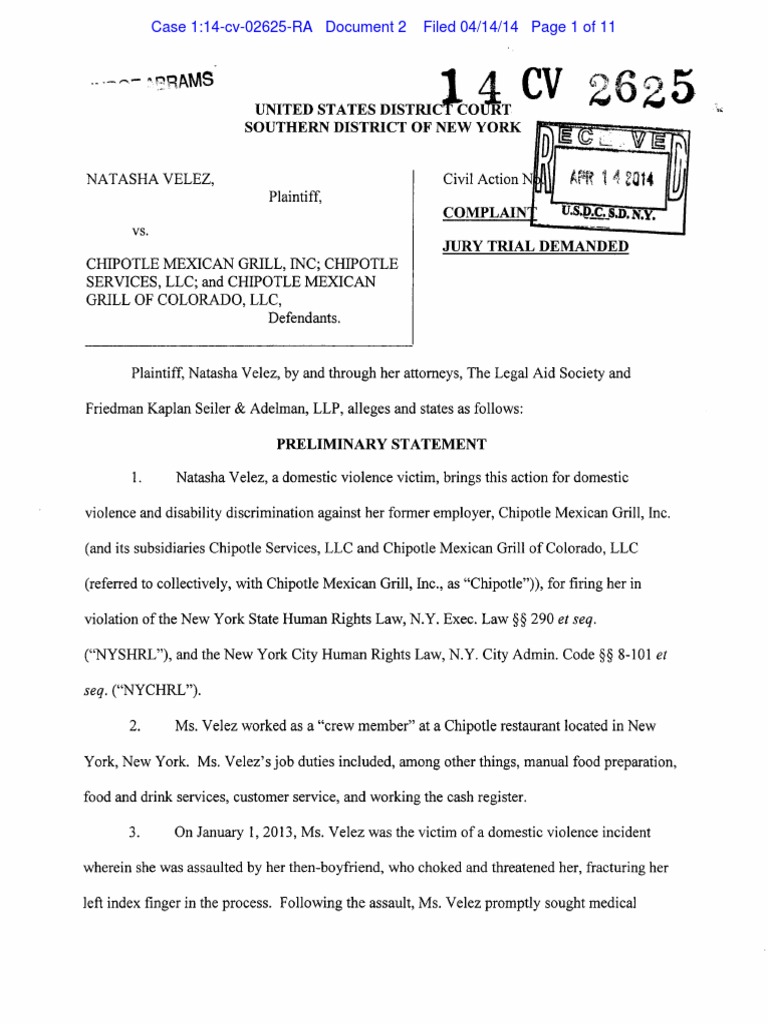 Complaint - Velez v. Chipotle | PDF | Chipotle Mexican Grill | Damages
