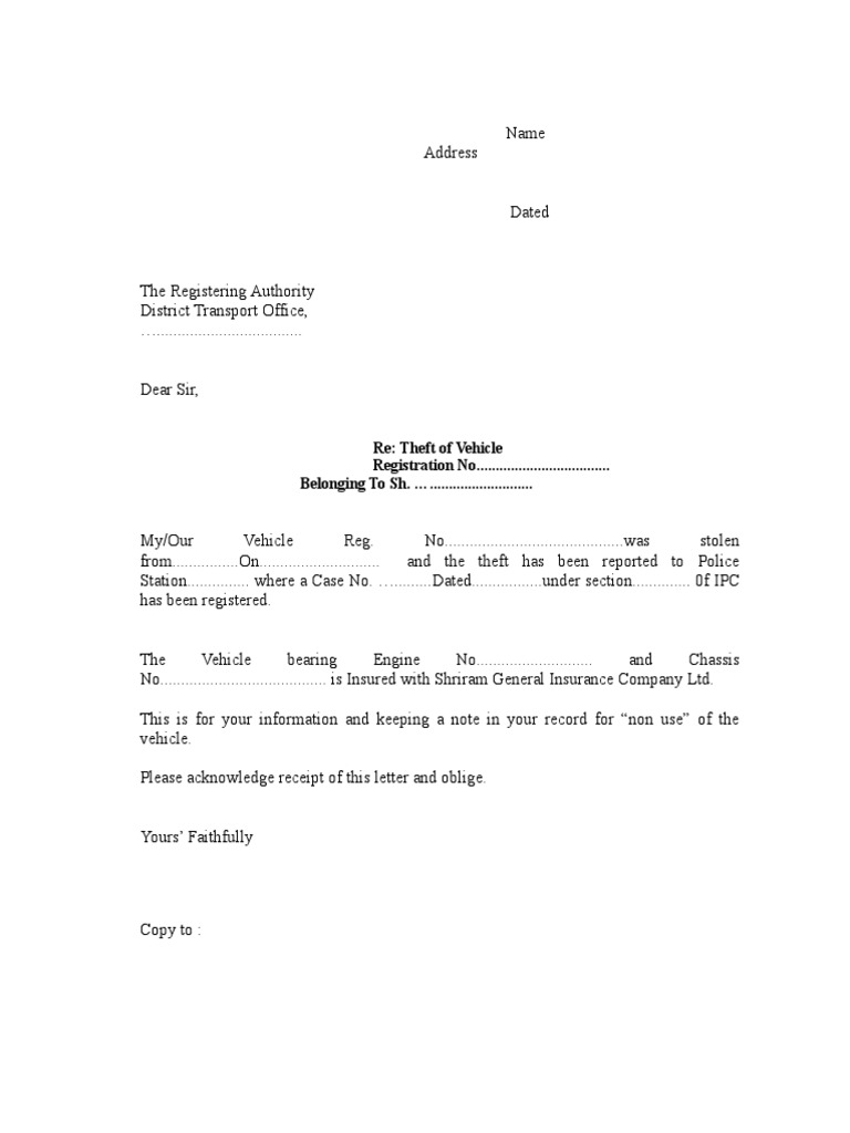format permission letter rto for Letter RTO to vehicle theft Format format permission letter rto for Letter RTO to vehicle theft Format