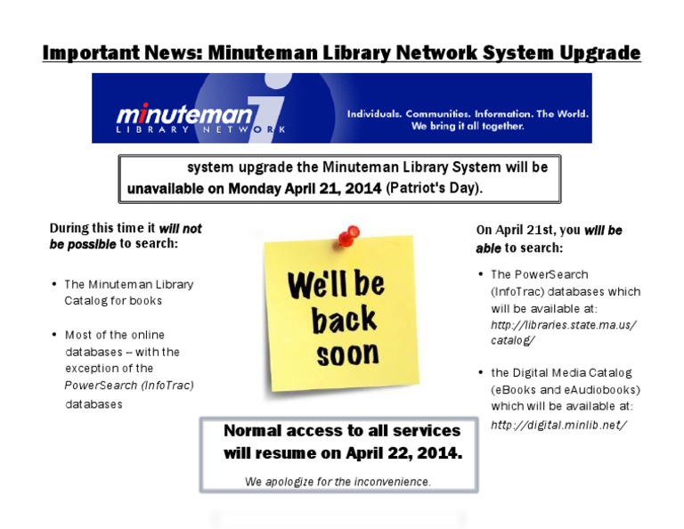 Minuteman Library System Upgrade Notice | PDF