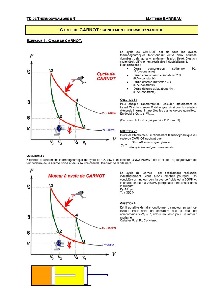 Cycle de Carnot : Rendement et Exercices | PDF