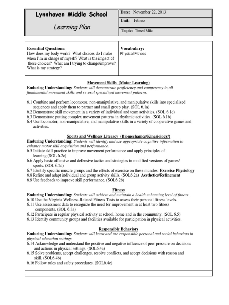 lesson plan timed mile Physical Fitness Physical Education