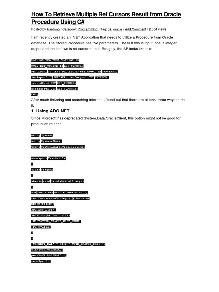 Retrieve Ref Cursors in Oracle with C# | PDF | Parameter (Computer ...