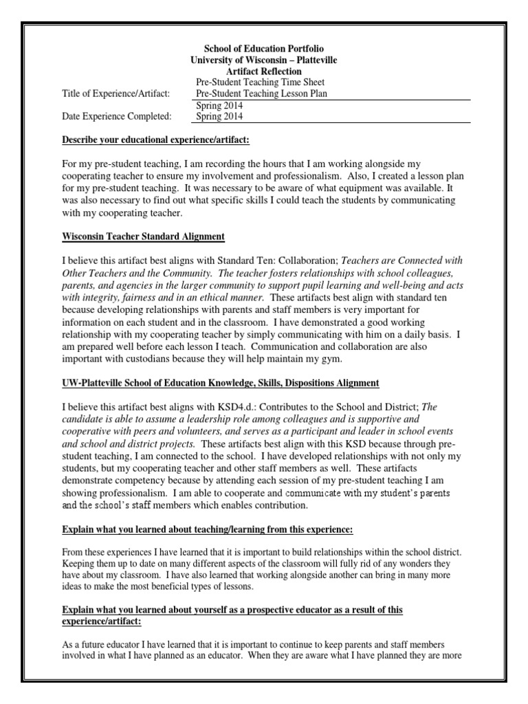 Pre-Student Teaching Artifact Reflection | PDF | Lesson Plan | Teachers