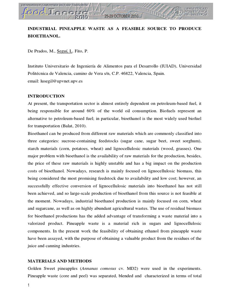 Bioethanol Production from Pineapple Waste | PDF | Biofuel | Renewable ...