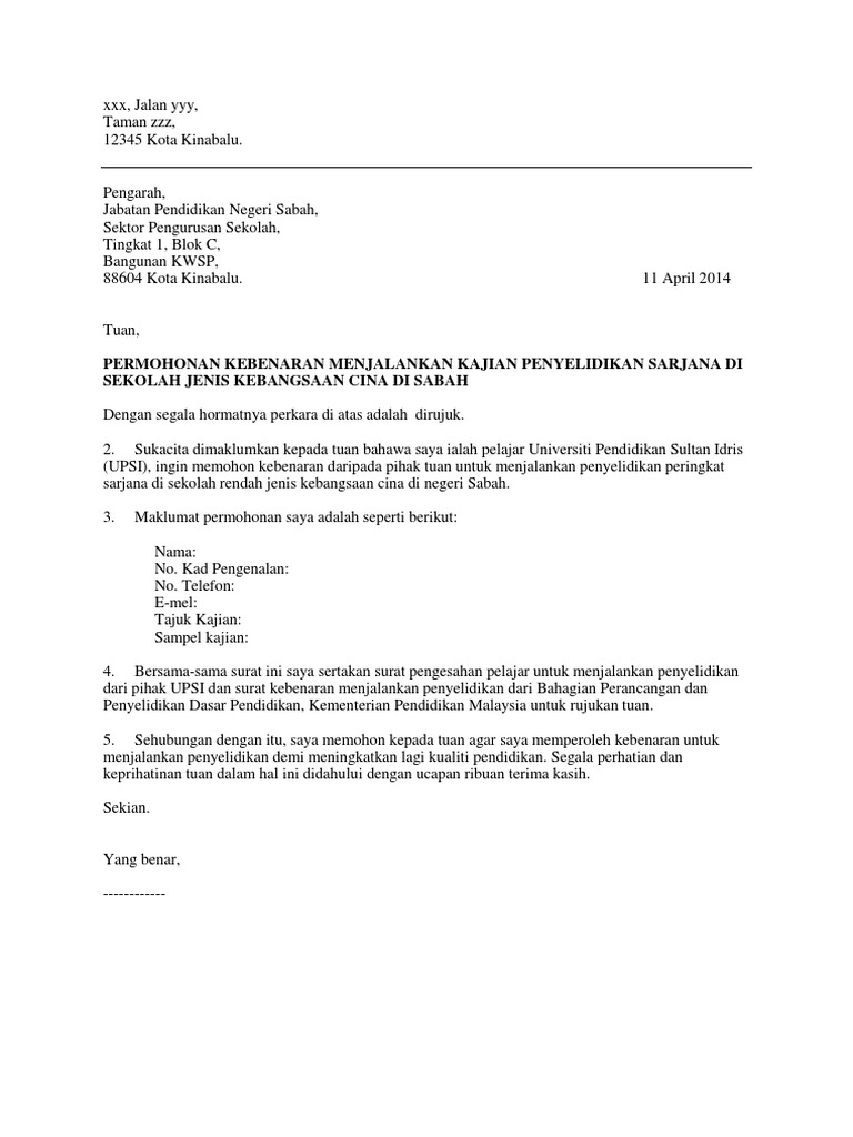 Surat Permohonan Kebenaran Menjalankan Kajian Di Sekolah Peringkat Jpn Pdf