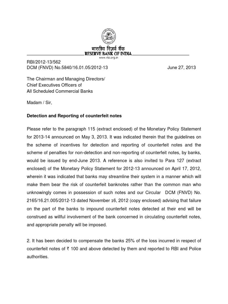 Reporting of Counterfeit Notes | PDF | Banknote | Reserve Bank Of India