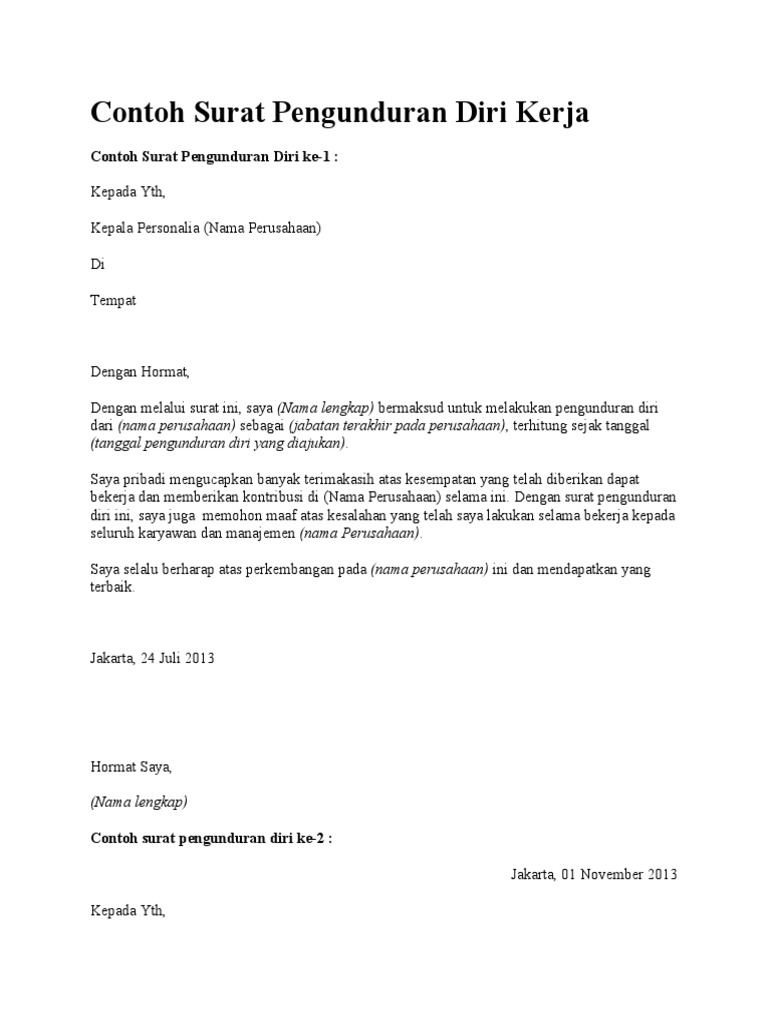 Contoh Surat Pengunduran Diri Kerja