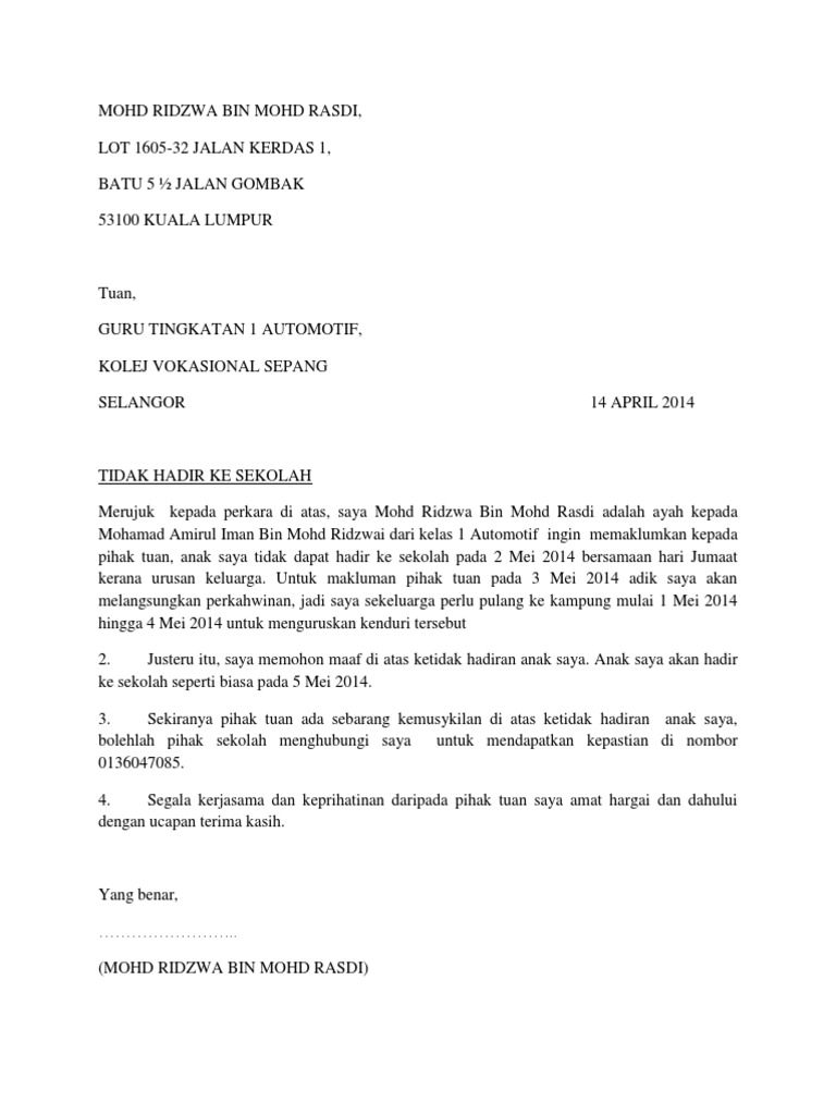 Surat Cuti Sekolah Kerana Balik Kampung Doc