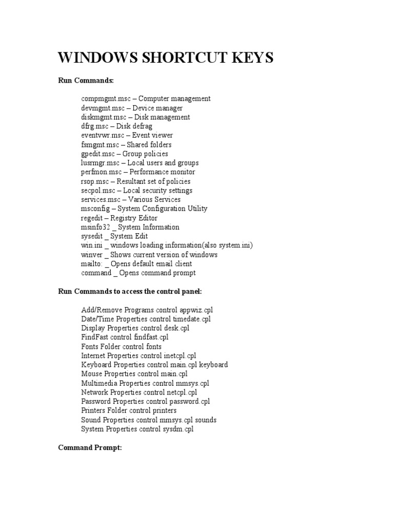 Windows Shortcut Keys PDF Computer File Command Line Interface