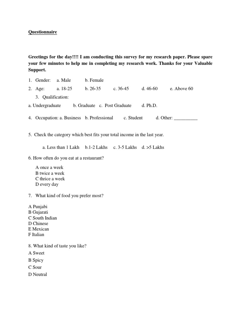 Questionnaire For New Restaurant Restaurants Taste