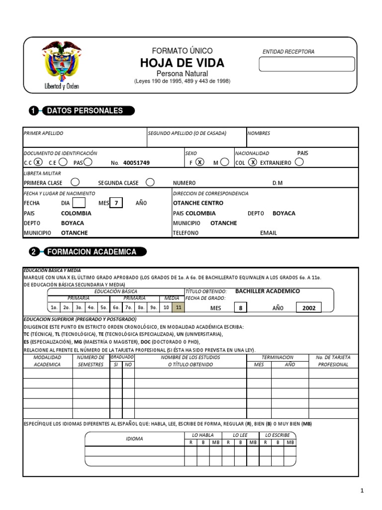 Hoja de Vida Formato Unico Para Digitar Modelo