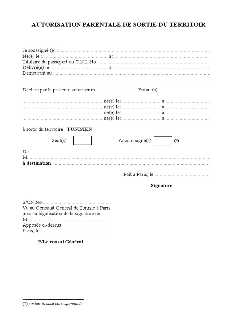 Autorisation sortie territoire tunisie