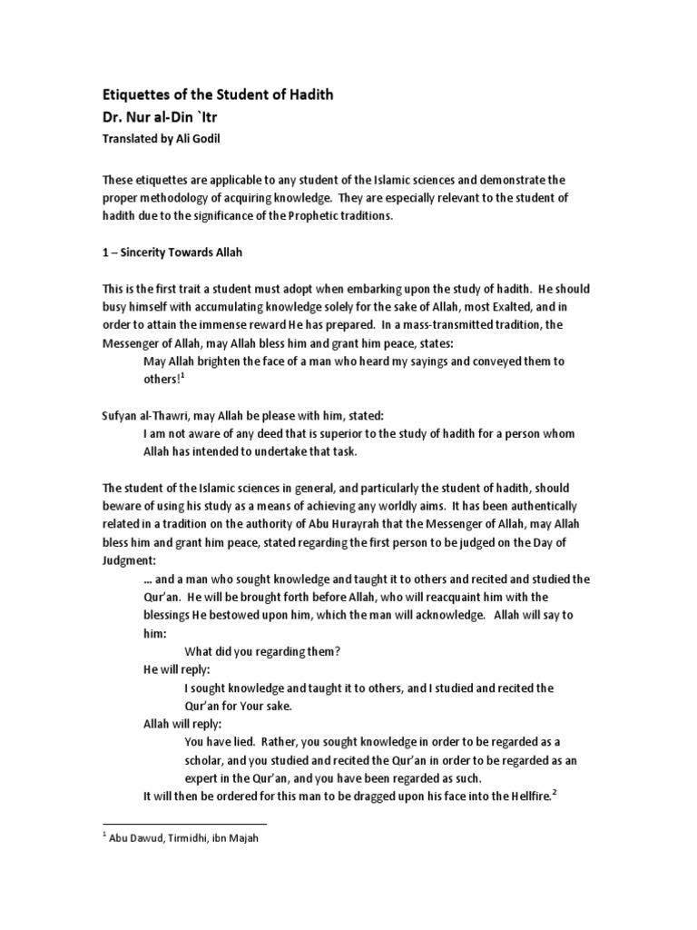 Etiquettes for Hadith Students | PDF | Hadith | Islamic Ethics