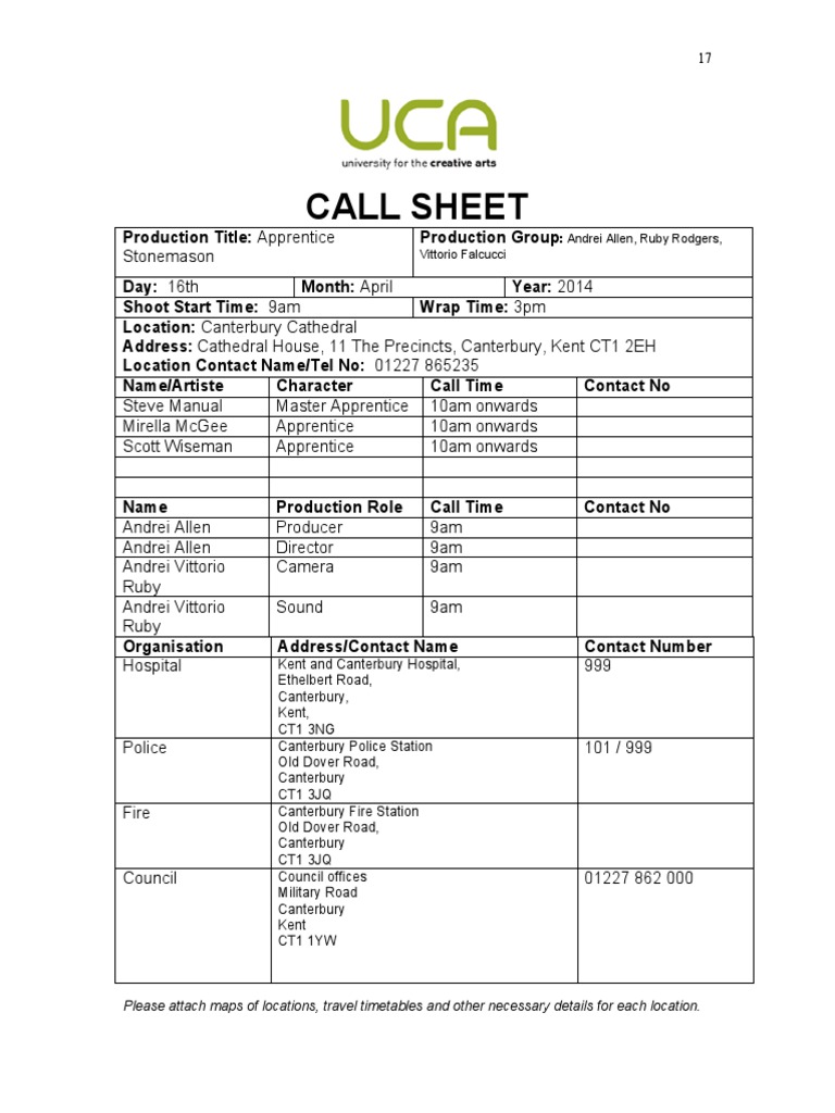 Call Sheet: Vittorio Falcucci | PDF