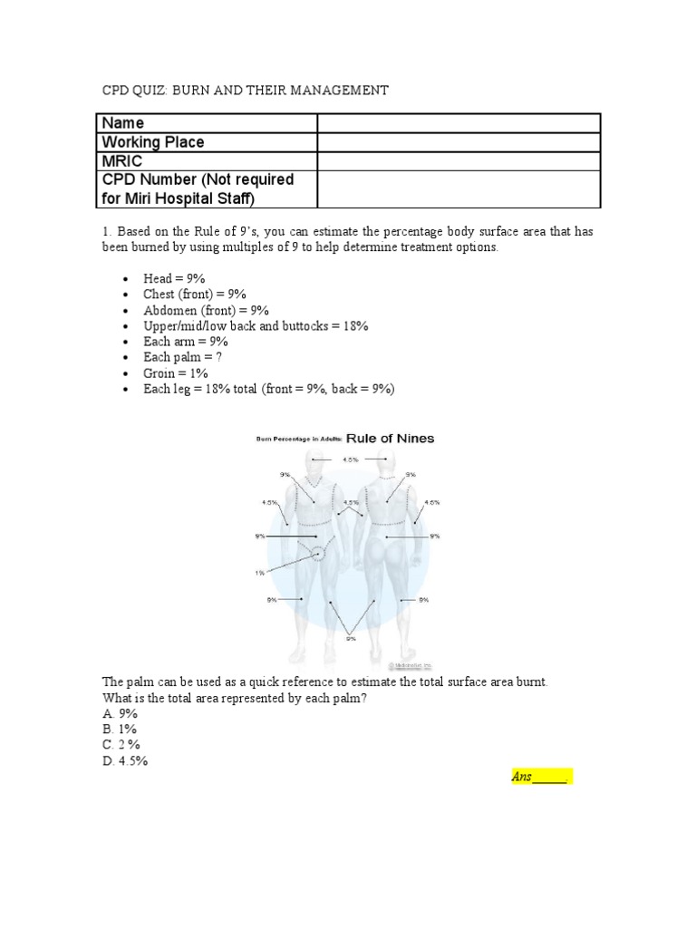 Quiz For Burn Management PDF Burn Rtt
