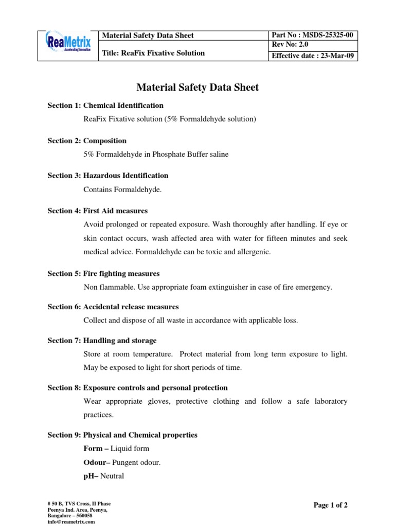 MSDS 25325 00 ReaFix Fixative Solution PDF Formaldehyde Fixation