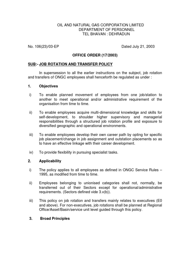 ONGC Job Rotation and Transfer Policy | PDF | Offshore Drilling ...