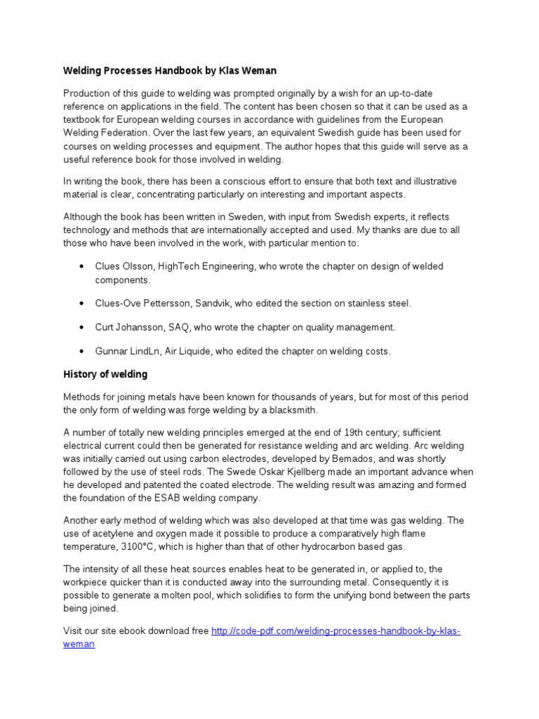 Welding Processes Handbook by Klas Weman PDF Welding Construction