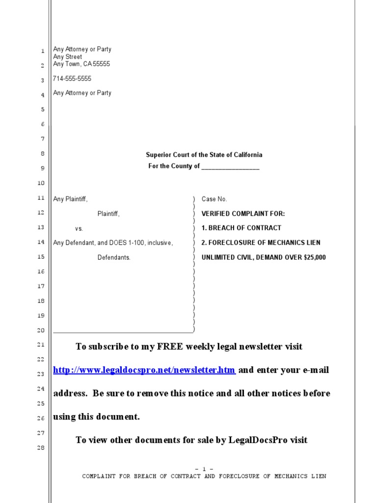 Sample Complaint For Foreclosure of Mechanics Lien in California PDF