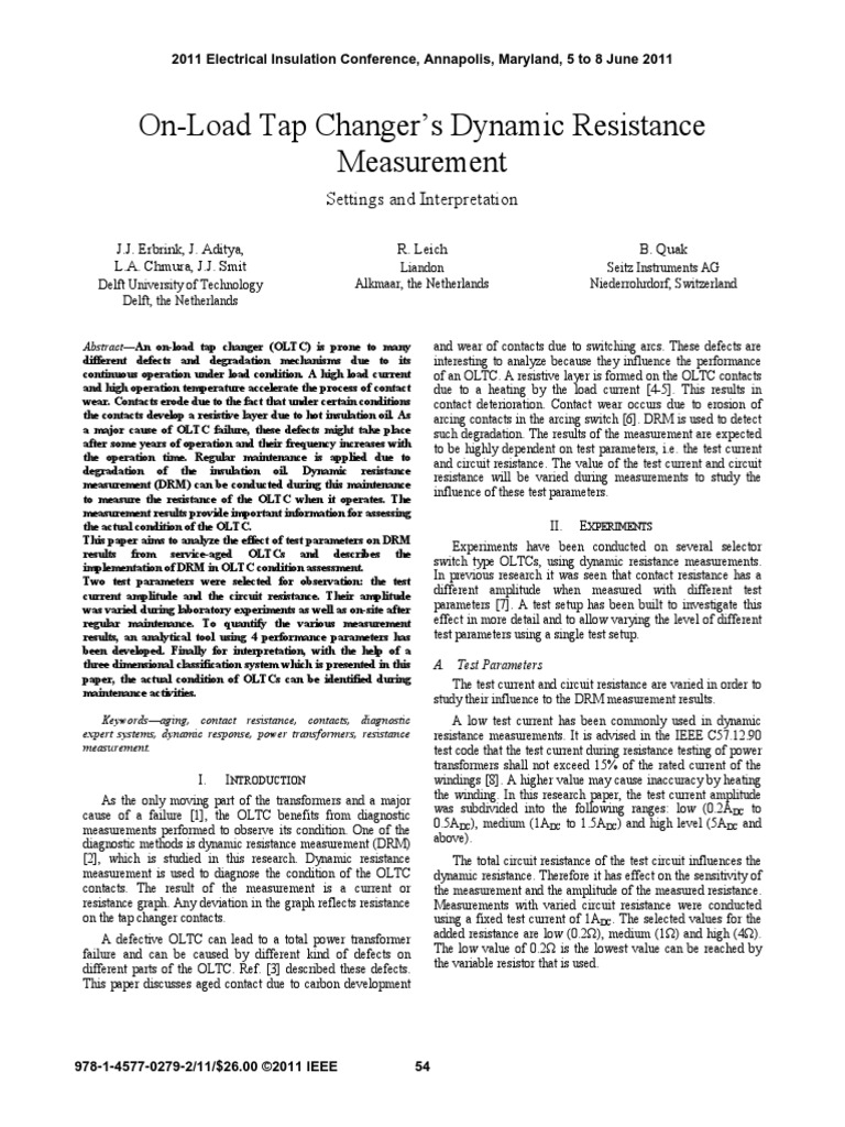 OnLoad Tap Changer's Dynamic Resistance Measurement Settings and