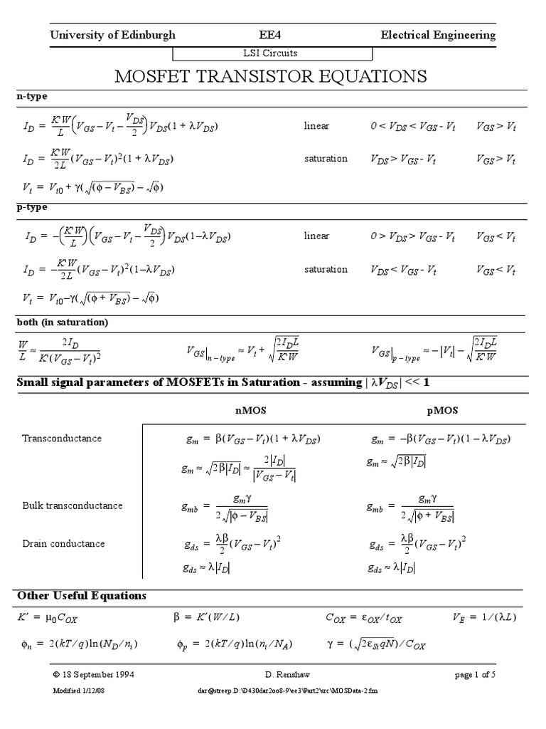 Mosfet Transistor Equations University of Edinburgh EE4 Electrical