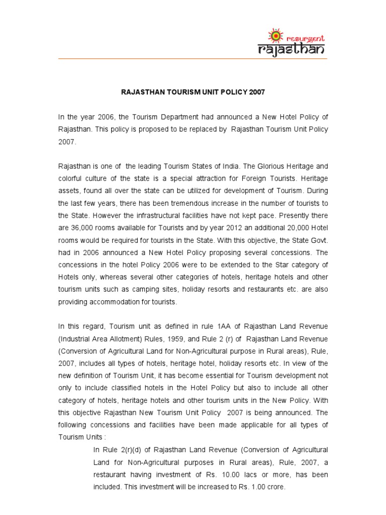 Rajasthan Tourism Policy PDF Tourism Hotel