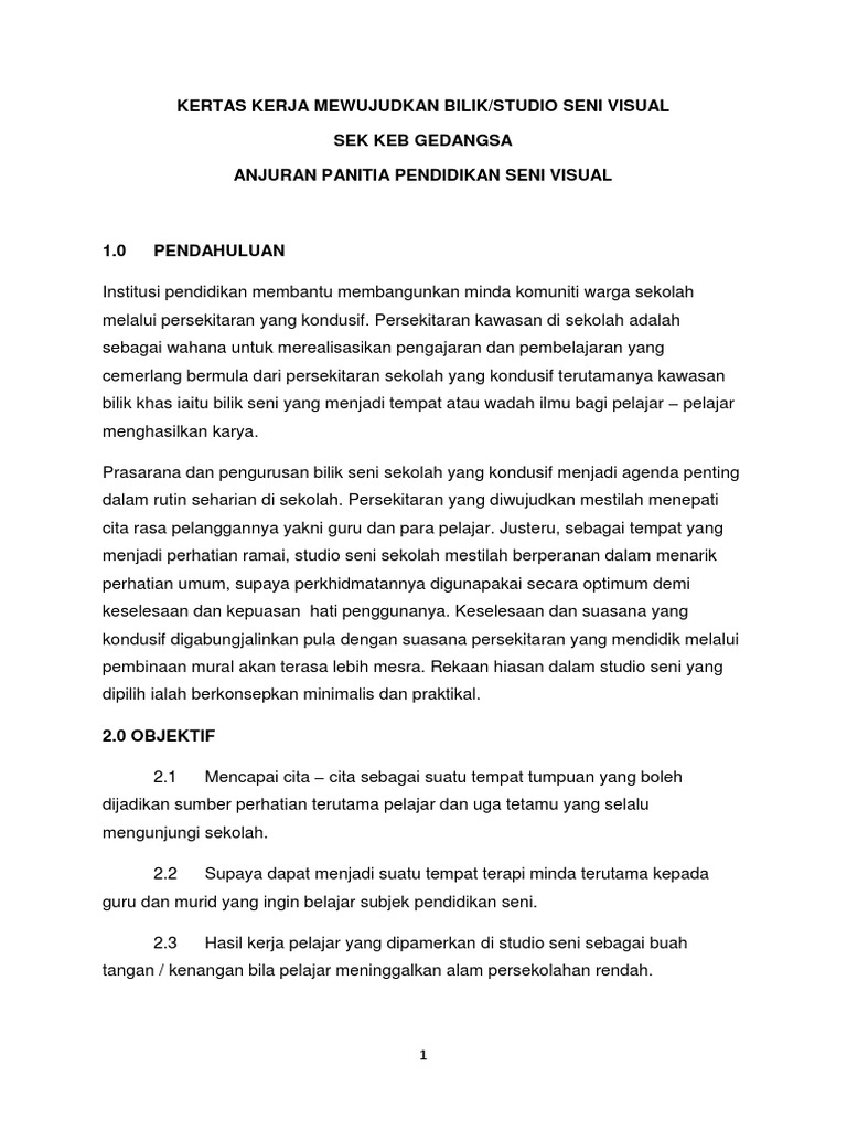Kertas Kerja Pembinaan Bilik Seni Visual Sek Keb Gedangsa Pdf