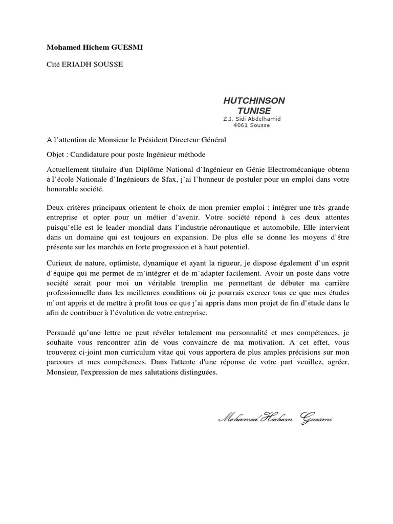 lettre de motivation ingénieur maintenance