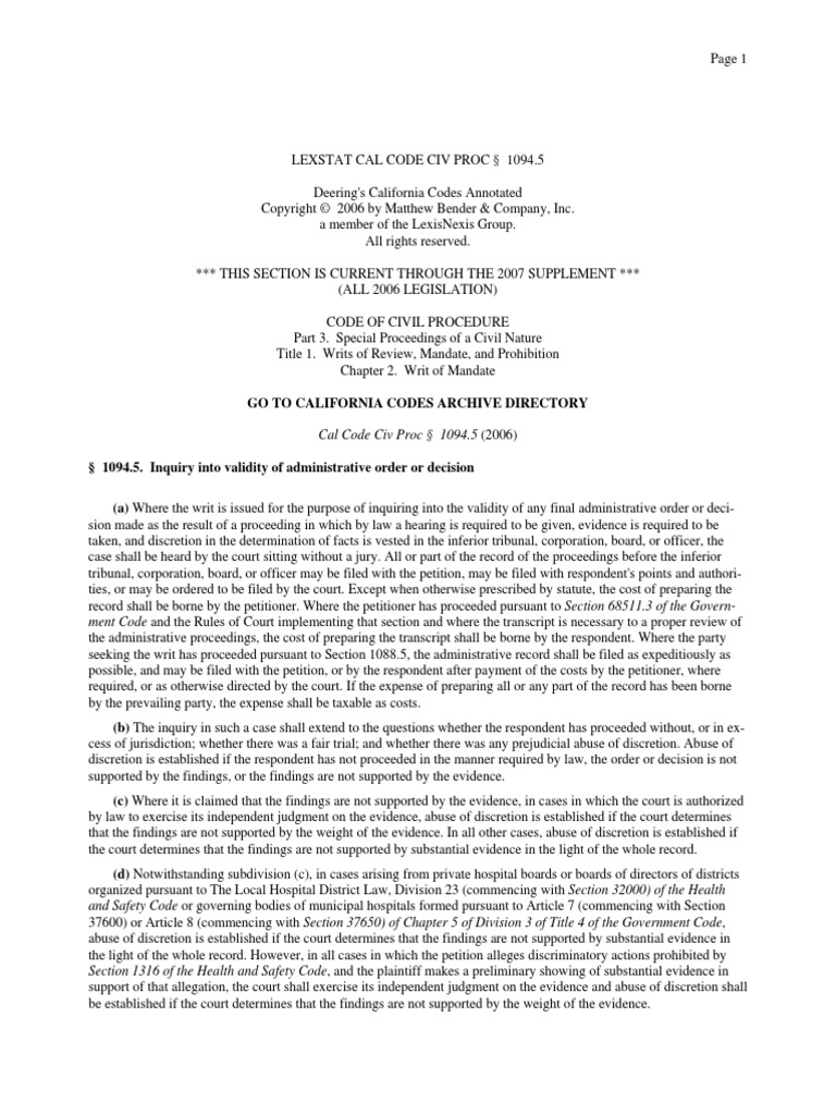 Cal. Code Civ. Proc. 1094.5 | PDF | Mandamus | Standard Of Review