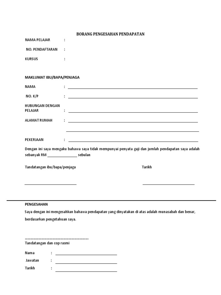 Format Surat Pengesahan Pendapatan