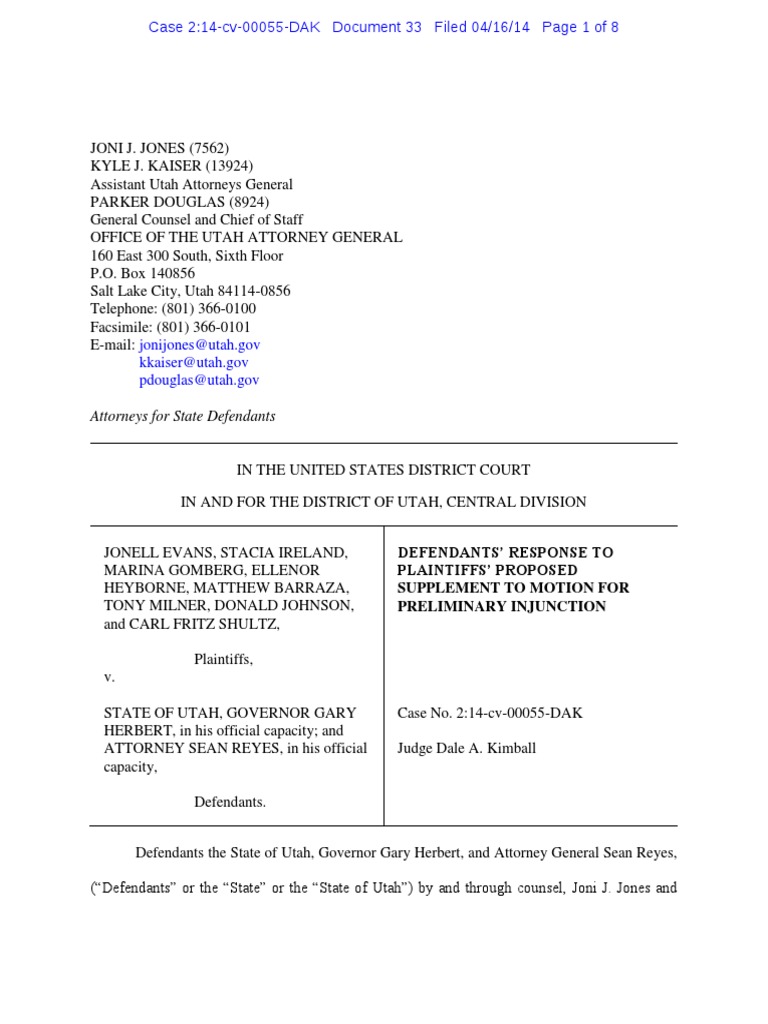State's Response To Plaintiffs' Supplemental Brief in Evans v. Utah ...