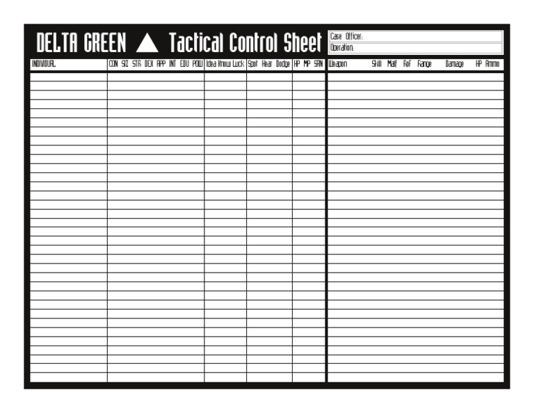 Delta Green Tactical Control Sheet: Case Officer: Operation | PDF