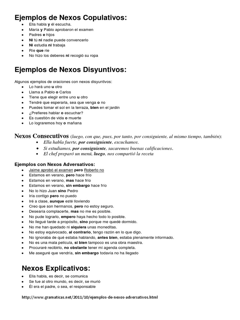 Ejemplos de Nexos Copulativos,Disyuntivos,Consecutivos