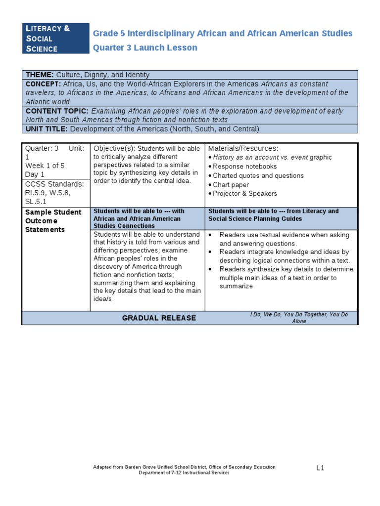 Grade 5 Interdisciplinary African and African American Studies Quarter ...