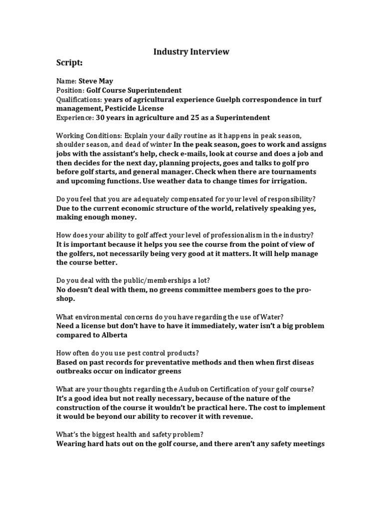 Industry Interview Final | PDF | Golf Course | Employment
