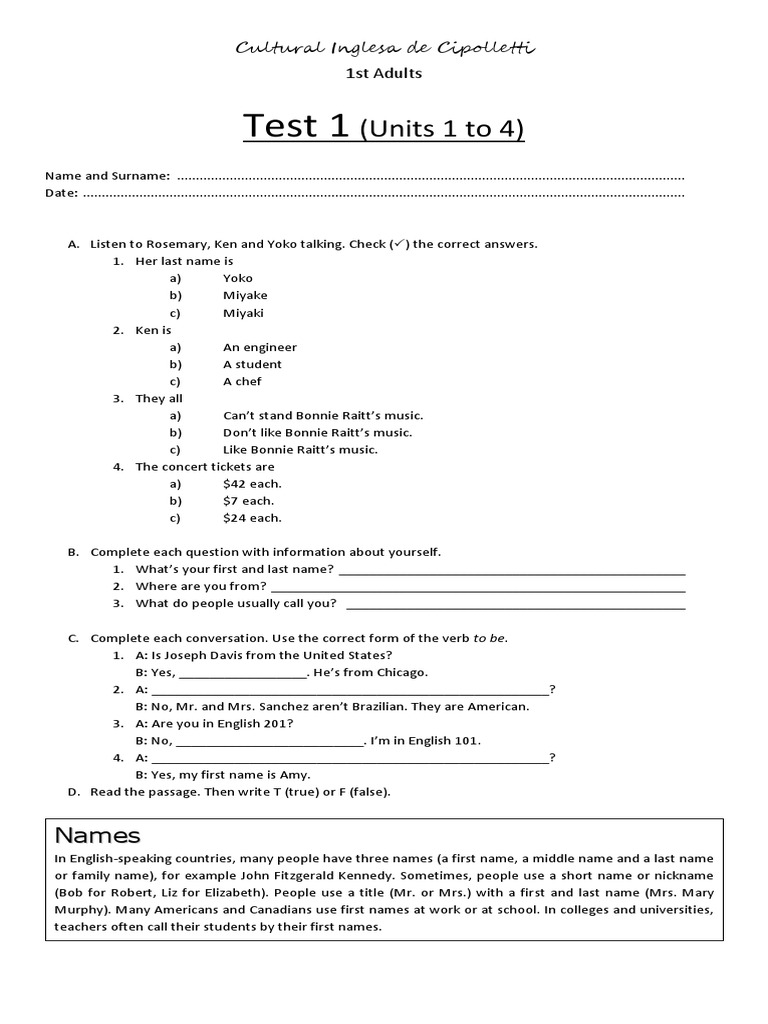 Test 1 - Units 1 To 4 | PDF | Language Arts & Discipline | Foreign ...