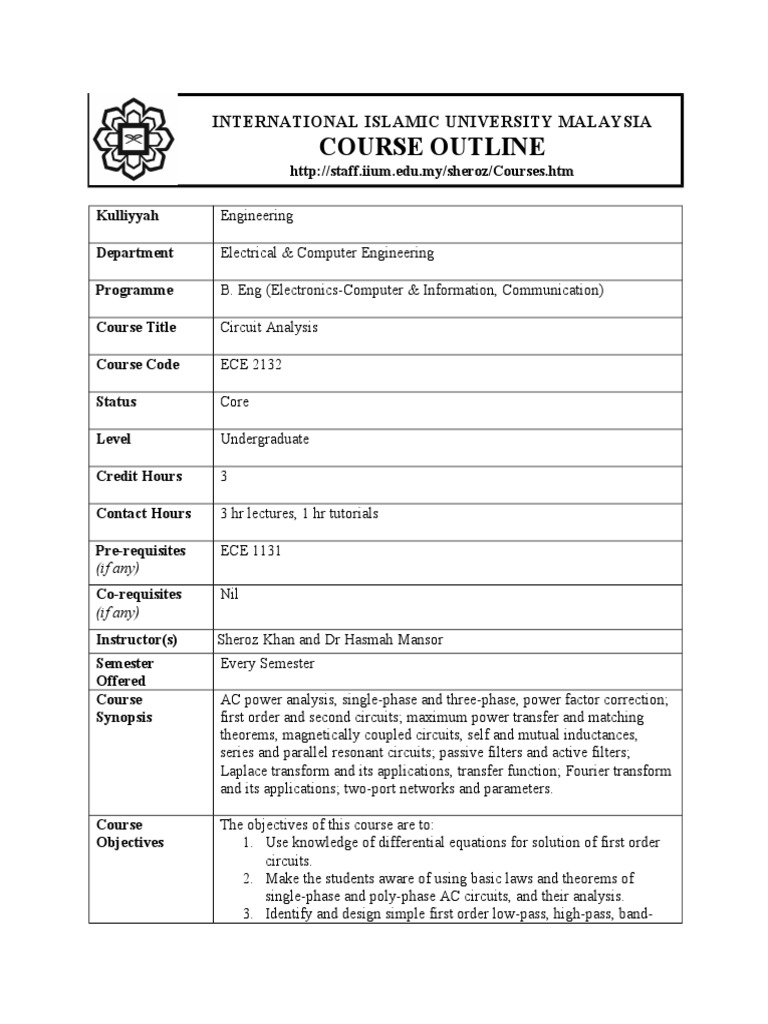 ECE2132 Course Outlines SEM II 20132014 Electricity Electronic