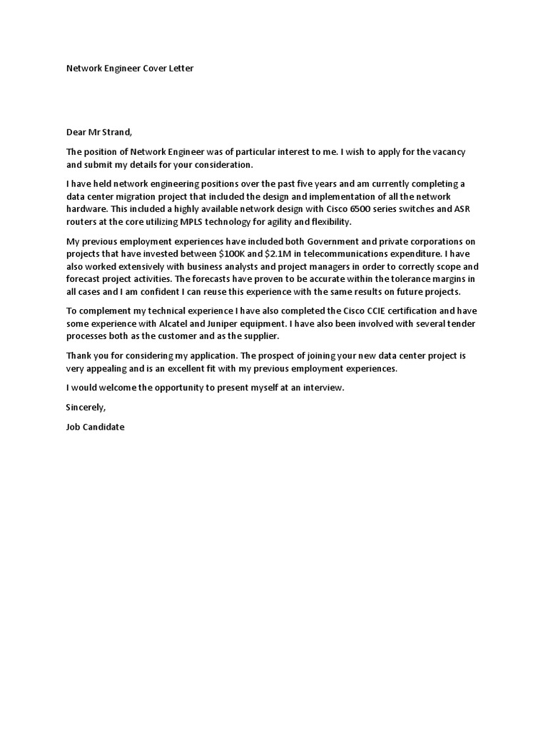 Network Engineer Cover Letter Sample | PDF